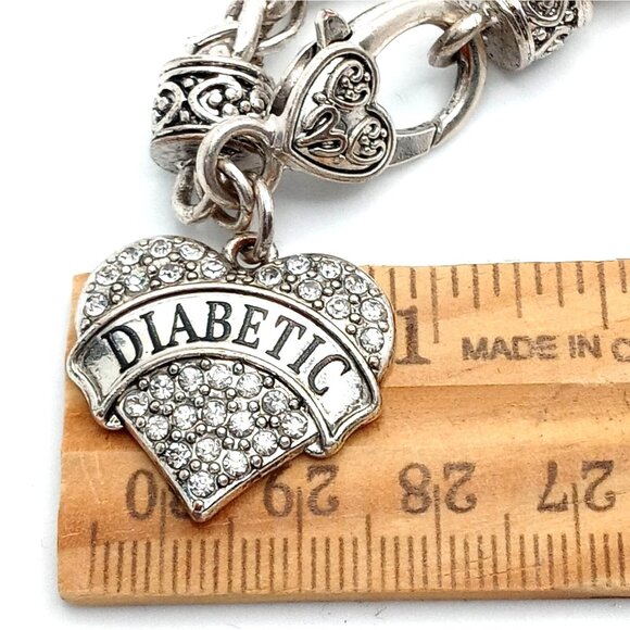 Sweet Heart Shape Diabetic Alert Bracelet Dangle Charm Pave Rhinestone Keepsake - Picture 5 of 6